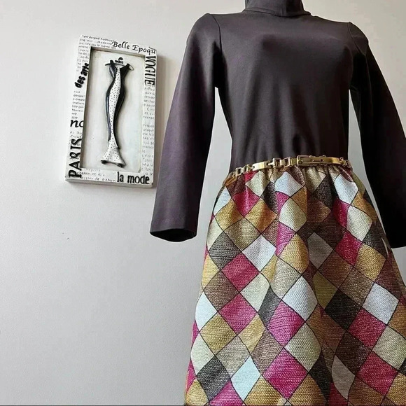 NWT Y2K Alice + Olivia Chocolate Brown Checkered Turtleneck Mini Dress M - Picture 10 of 13